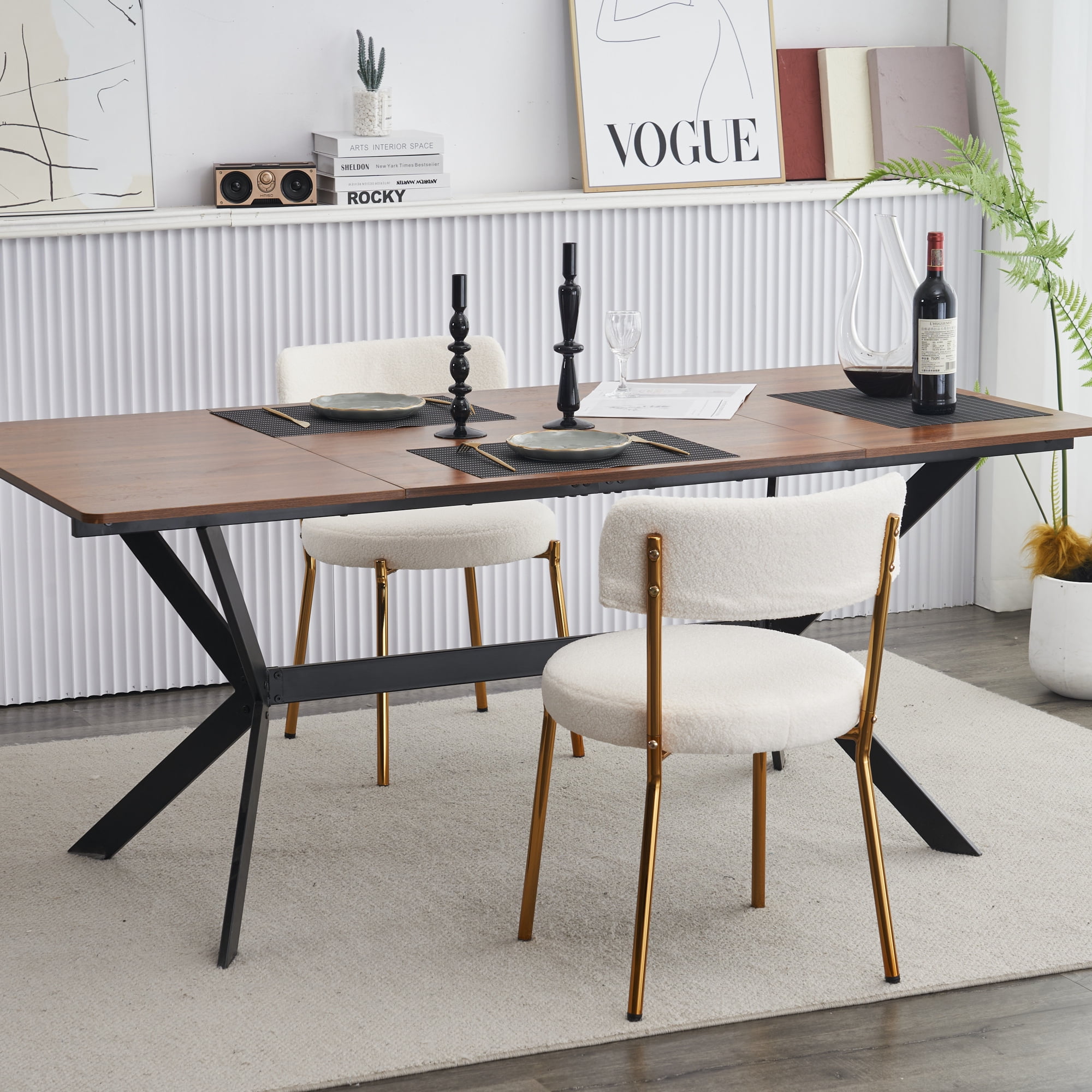 Beige Teddy Fabric Modern Dining Chair with Open Back