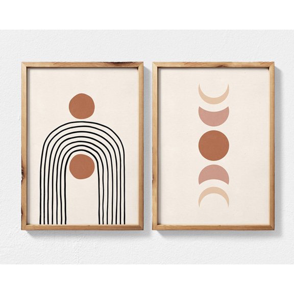 Set Of 2 Mid Century Modern Wall Art Prints, Abstract Rainbow And Moon Phases Boho, Geometric Terracotta And Beige, Home And Bedroom Decor