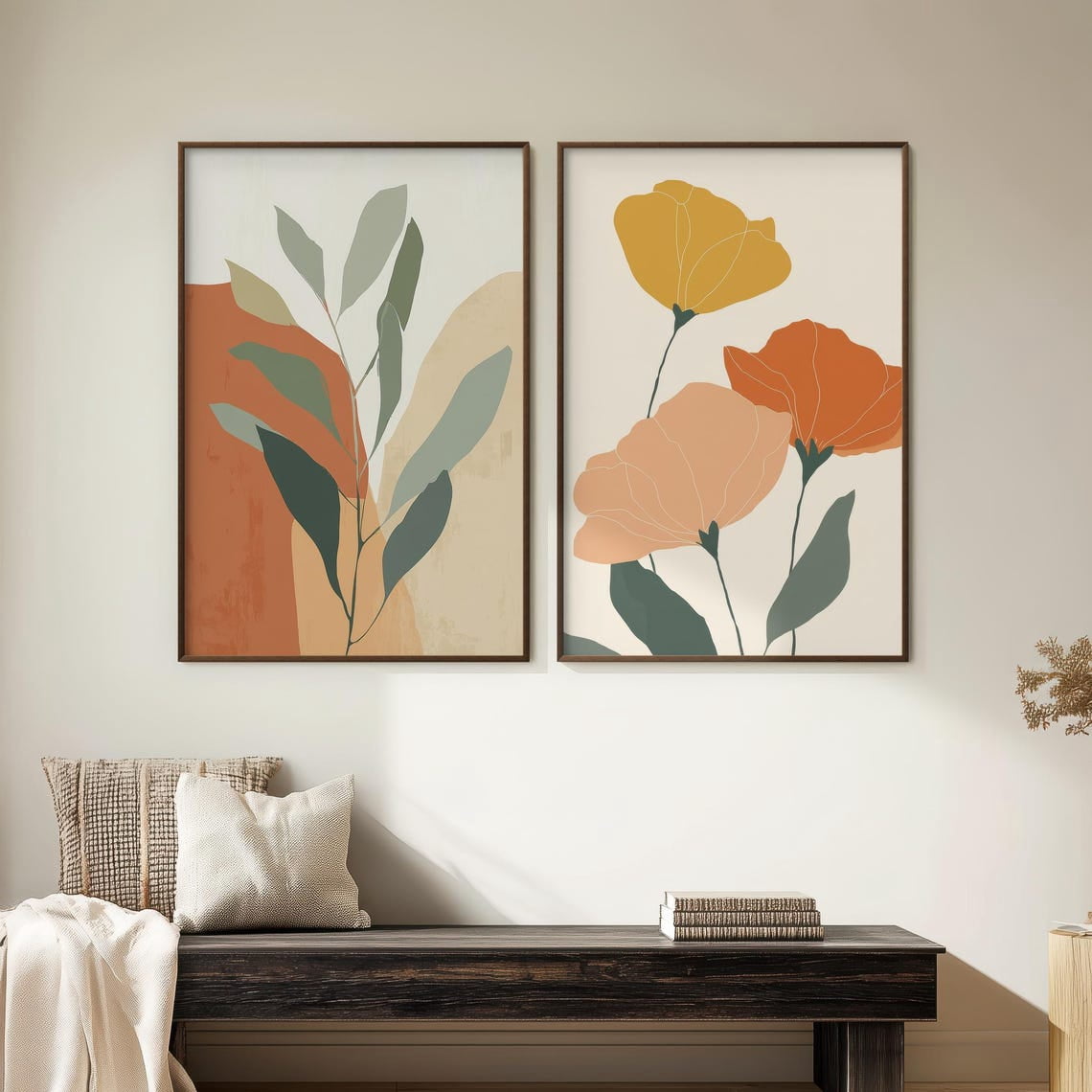 Set Of 2 Minimalist Botanical Earth Tone Abstract Floral Wall Art ...