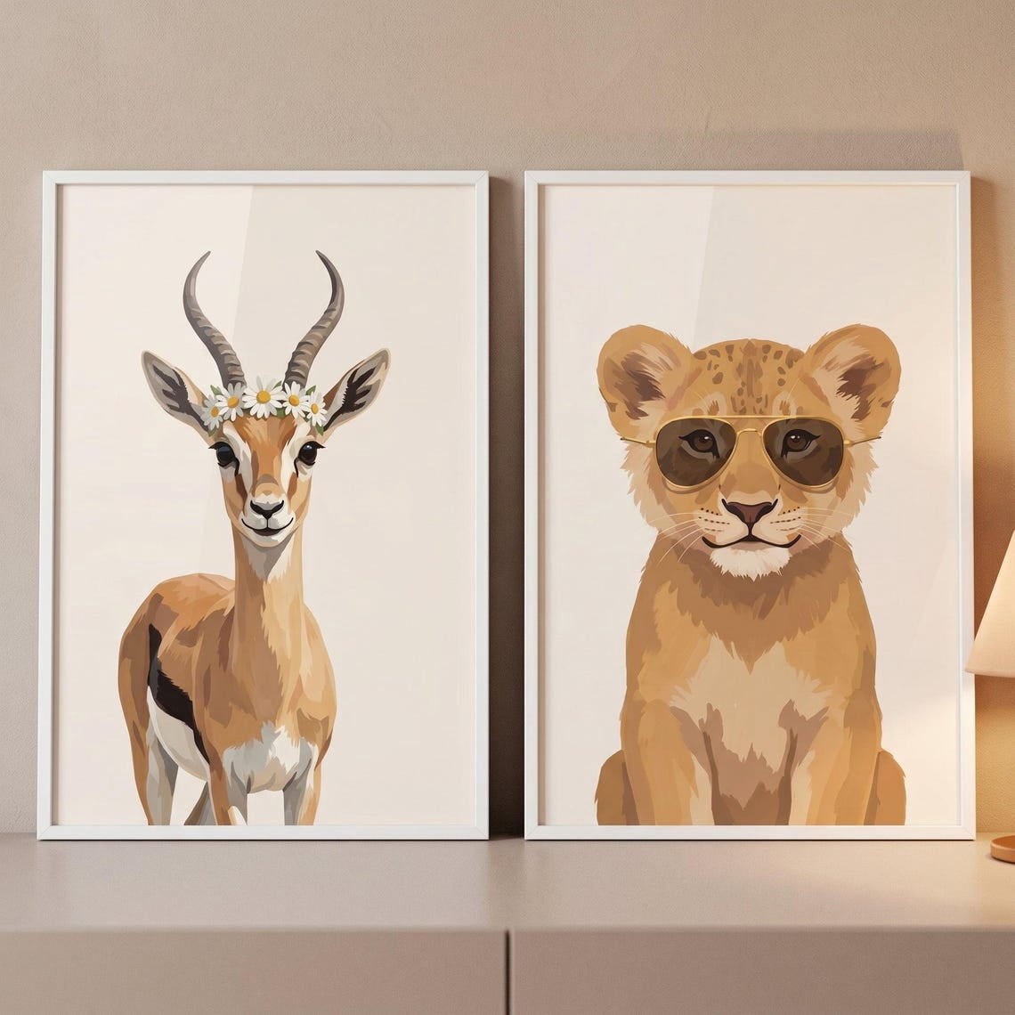 Set Of 2 Minimalist Safari Animal Nursery Wall Art Prints, Lion Cub ...
