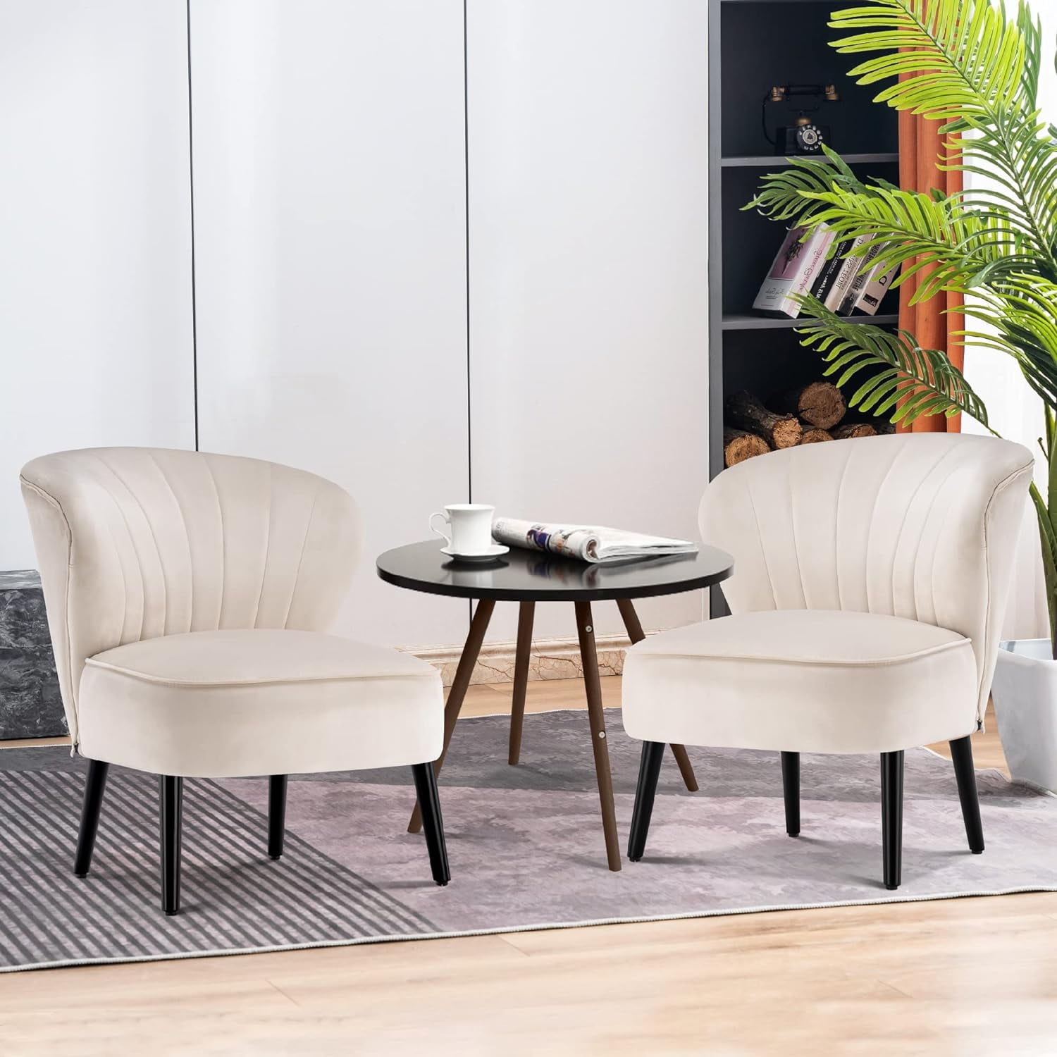 Cream Velvet Barrel Accent Chairs with Wooden Legs