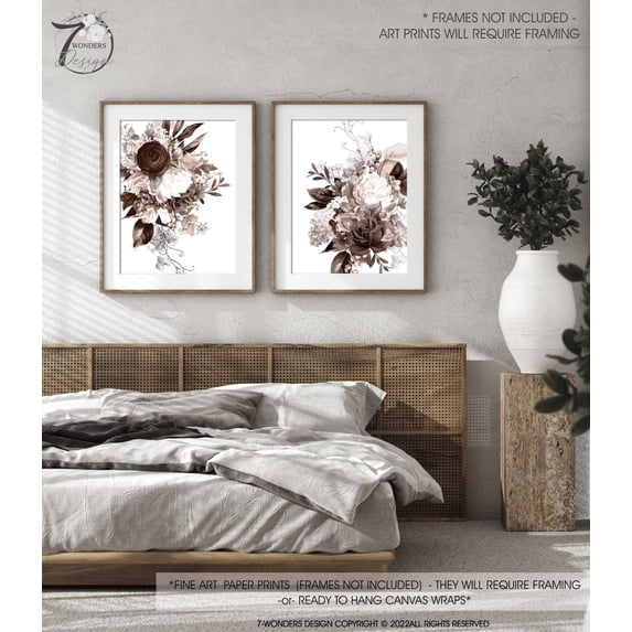 Neutral Roses Printable Set Of 2 Modern Neutral Vintage Brown Grey Flowers Farmhouse Cottage ...