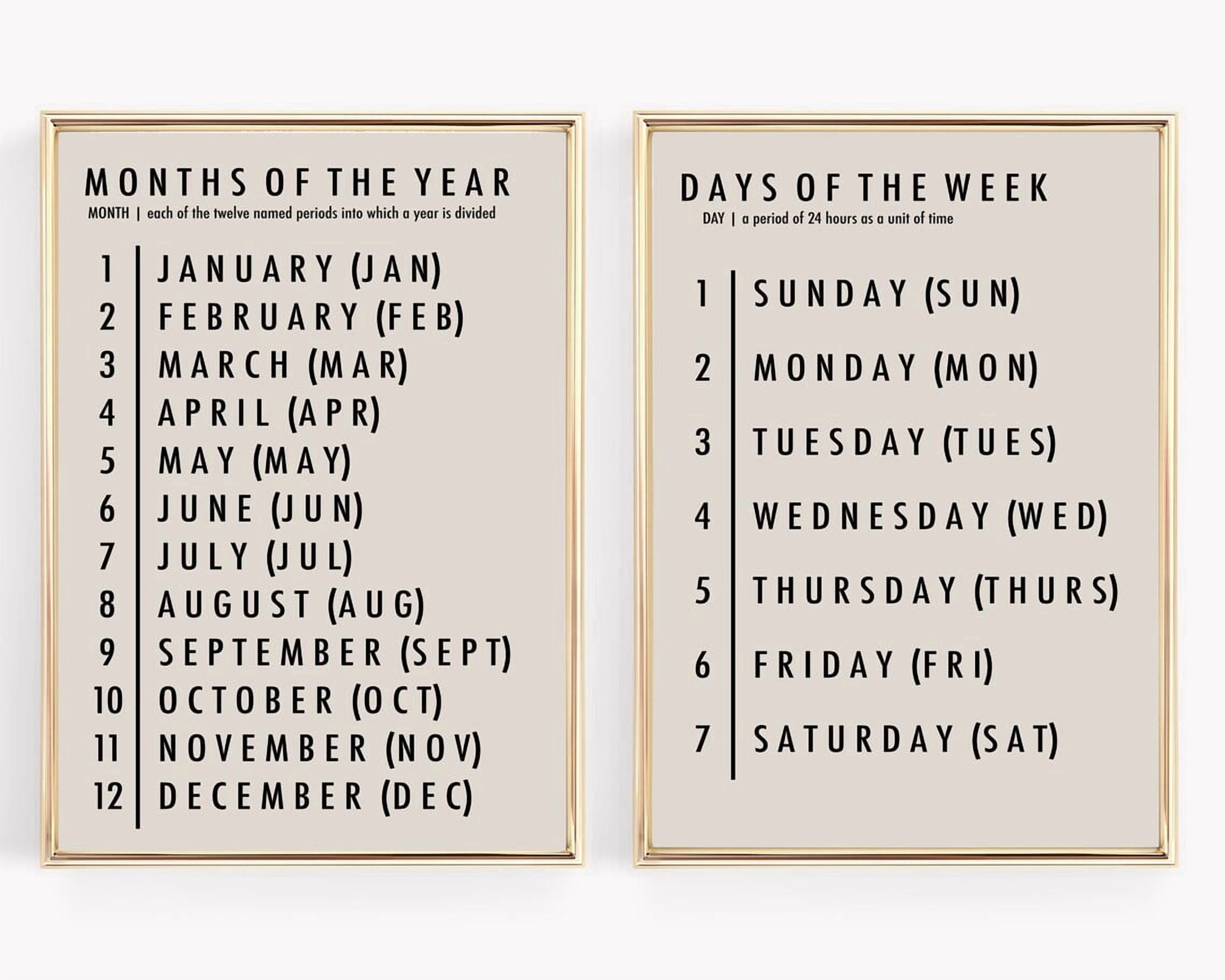 Set Of 2 Months Of The Year And Days Of The Week Wall Art Prints ...
