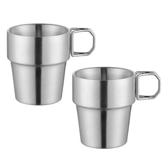 Set Of 2 Multipurpose Stainless Steel Camping Mugs Foldable Handle Double Wall Construction For Hiking And Travel