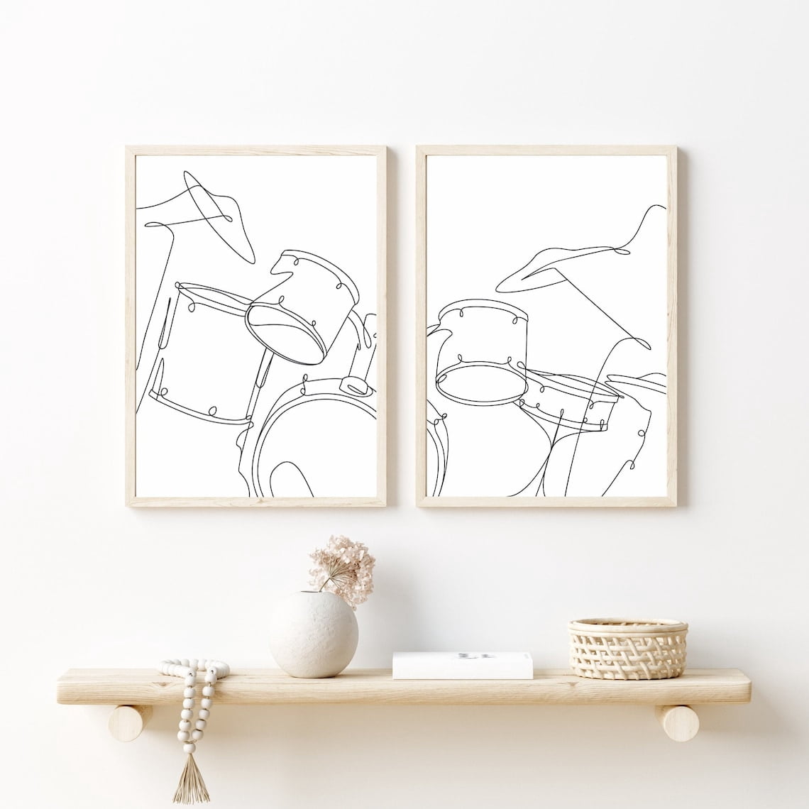 Simple Studio Instruments Set Of 2 Music Drum X 2 Minimalist Line Drawing Wall Art Prints ...