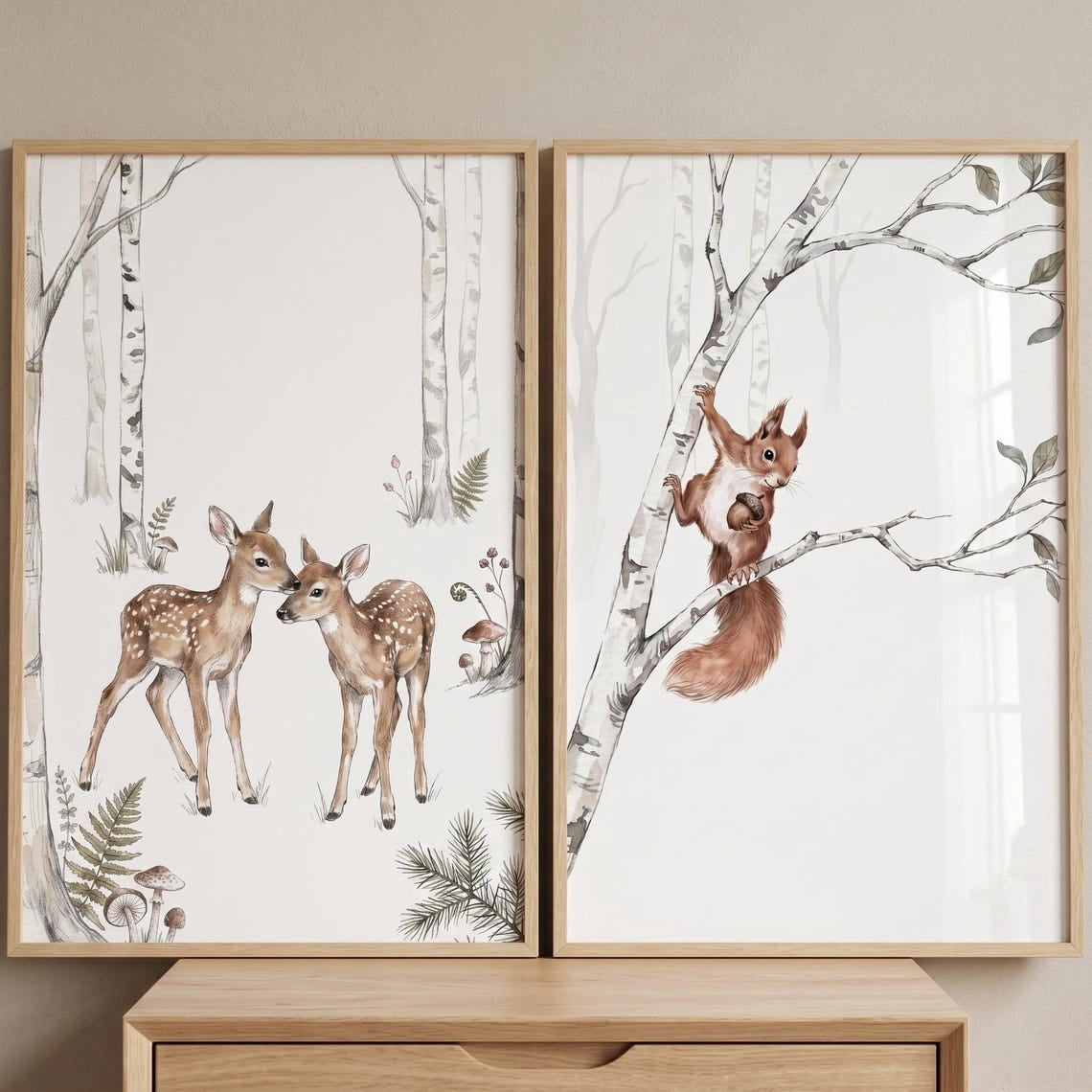 Set Of 2 Muted Birch Forest Animals Nursery Wall Art Prints, Woodland ...