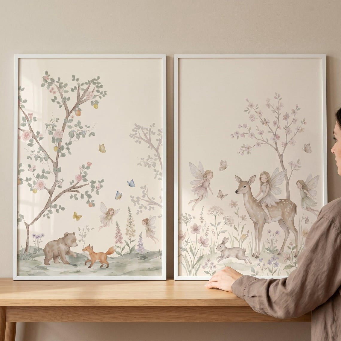 Set Of 2 Muted Pink Blossom Fairies Nursery Wall Art Prints, Woodland ...