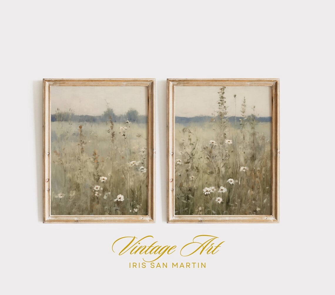 Set Of 2 Muted Vintage Wall Art Prints, Wildflower Field, Landscape ...