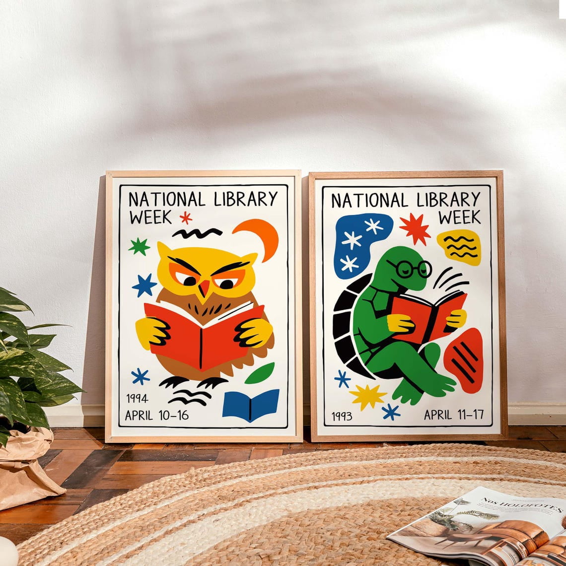 Library Week Costume Set Of 2 National Week Wall Art Prints, Reading Owl And Turtle, Book ...