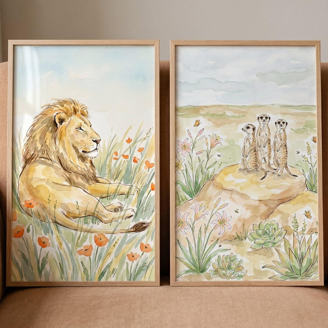 Set Of 2 Natural Safari Animal Nursery Wall Art Prints, Lion Meerkat ...