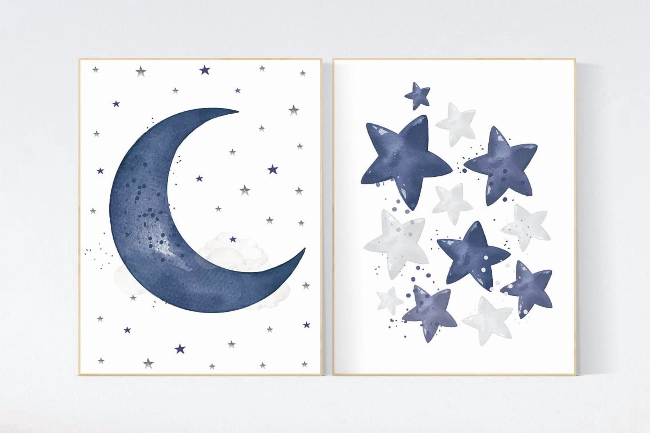 Set Of 2 Navy Moon And Stars Celestial Nursery Wall Art Prints, Nursery ...