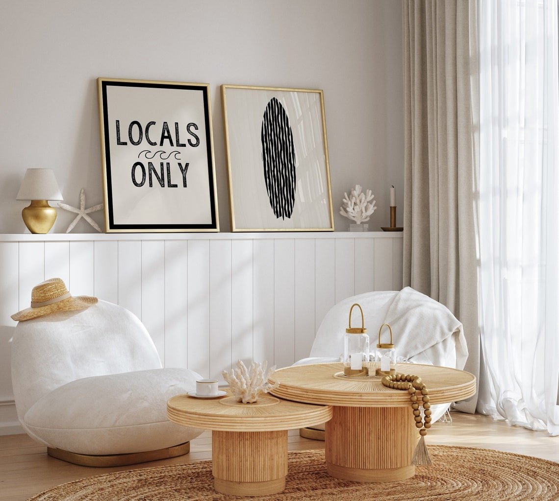 Set Of 2 Neutral Beach Wall Art Prints, Locals Only, Surfboard, Beachy ...