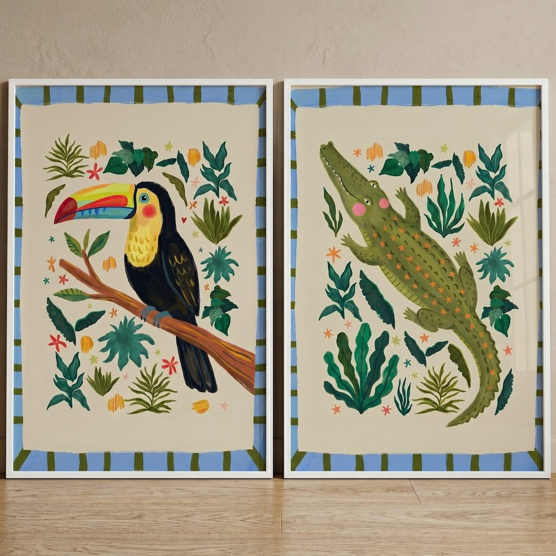 Set Of 2 Neutral Illustrative Jungle Animal Nursery Wall Art Prints ...