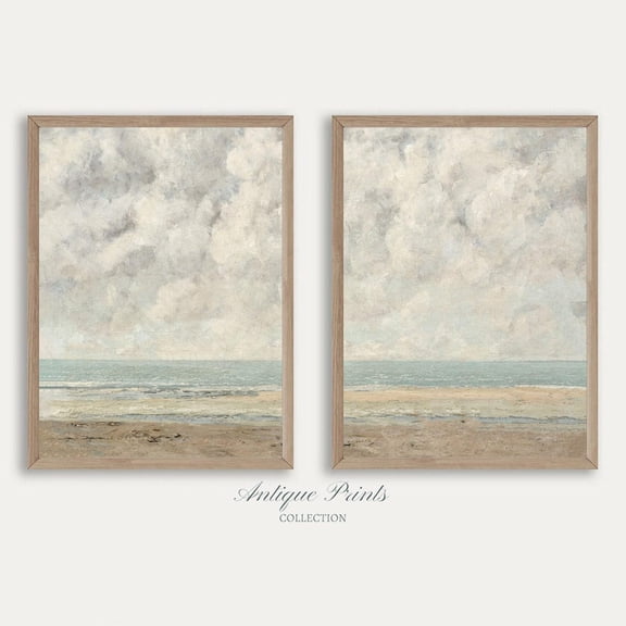 Set Of 2 Neutral Seascape Wall Art Prints, Coastal Split, Muted Beach Vintage, Antique, Coastal Living Room And Gallery Wall Decor