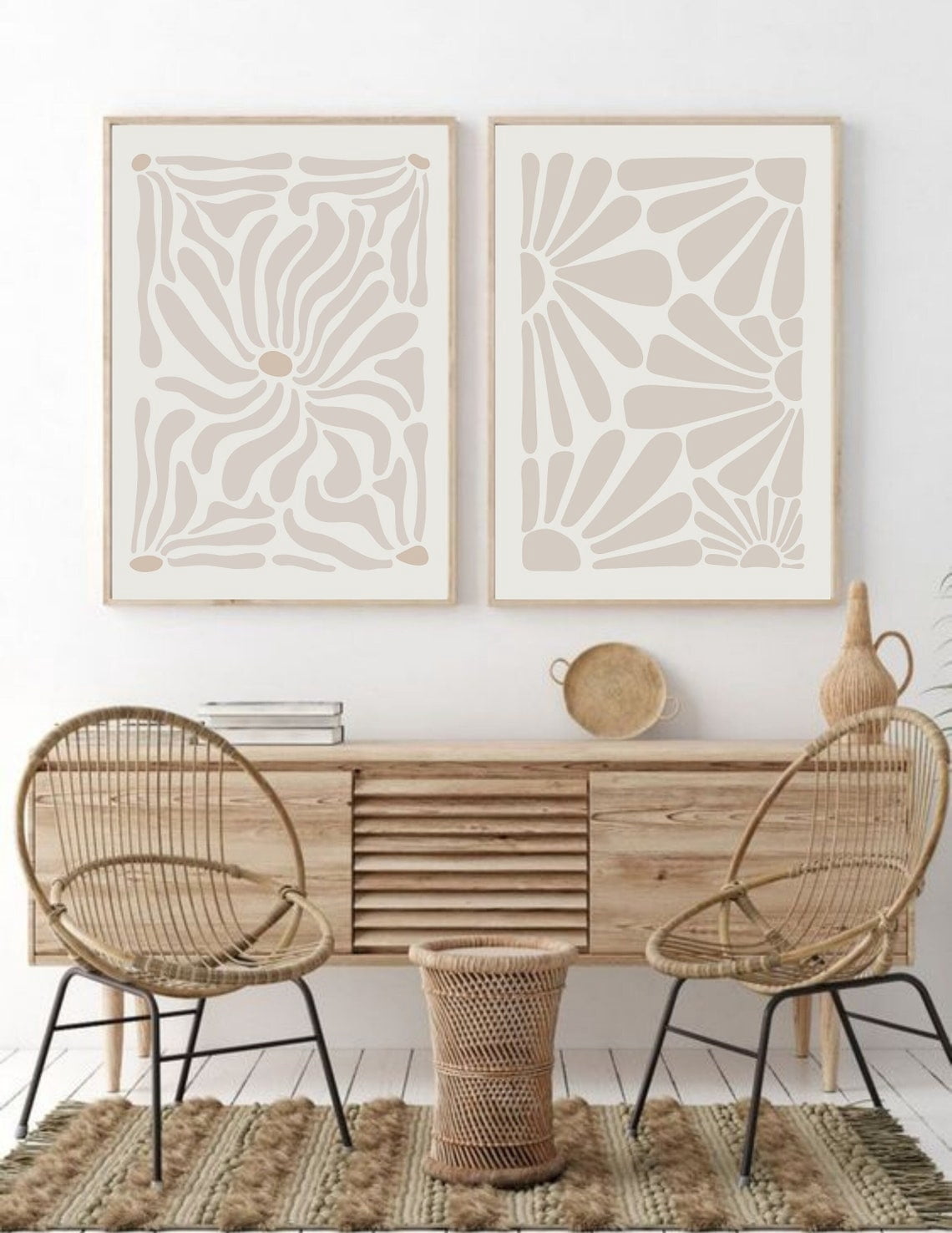 Set Of 2 Neutral Wall Art Prints, Boho Flower, Beige Abstract ...