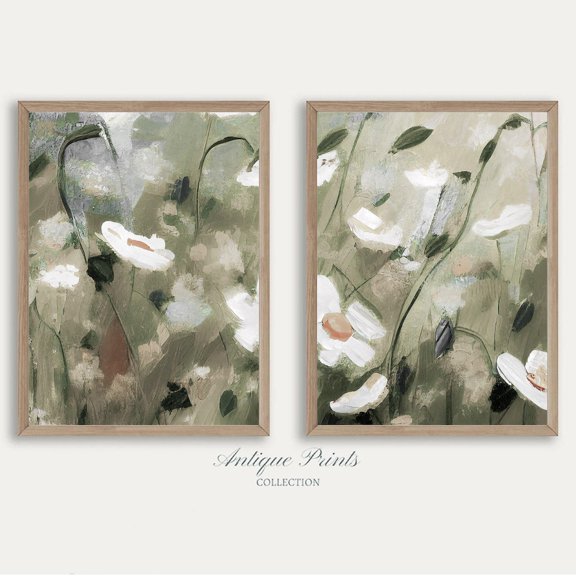 Set Of 2 Neutral Wildflower Field Wall Art Prints, Country Vintage, Landscape, Split, Farmhouse, Living Room And Gallery Wall Decor