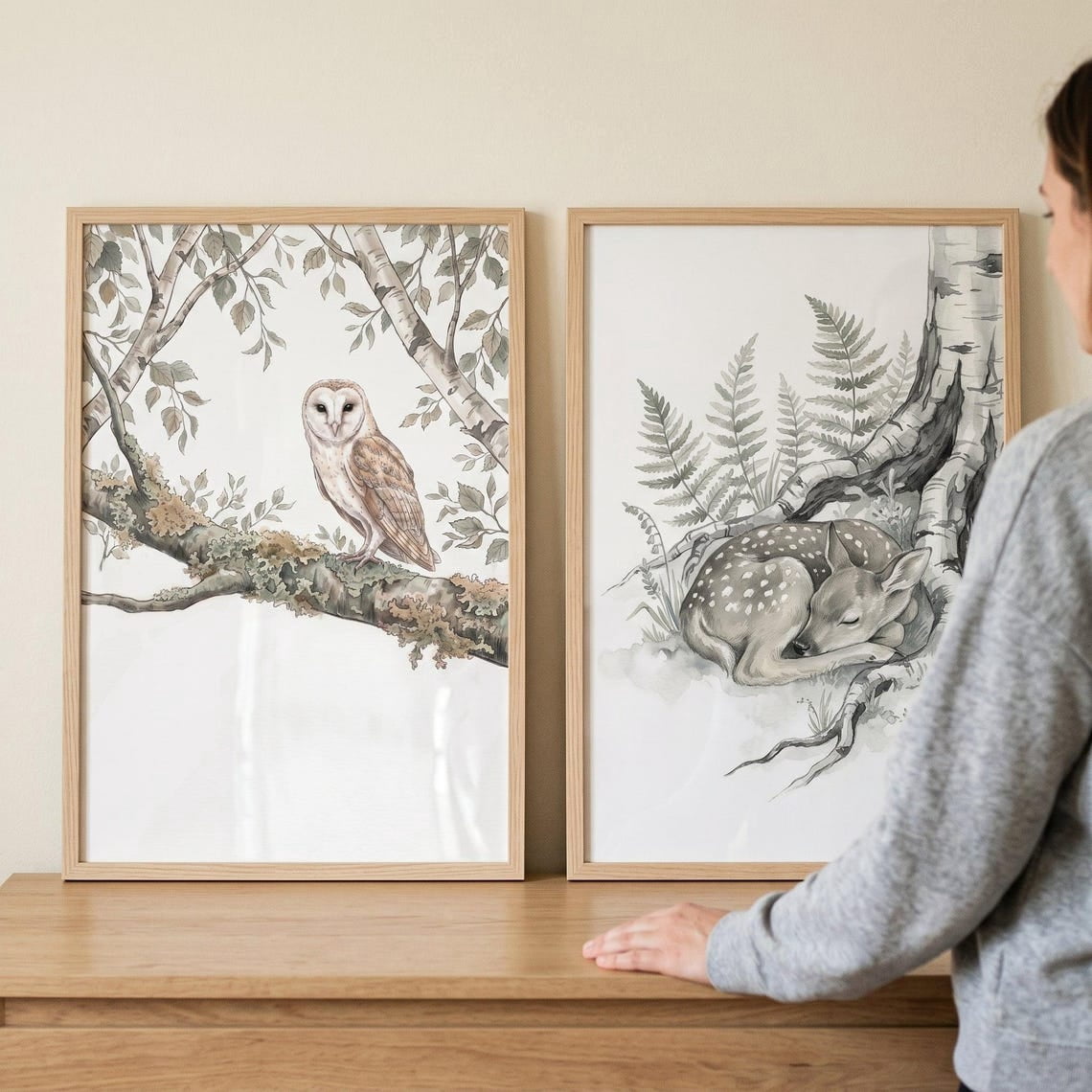 Set Of 2 Neutral Woodland Animals Nursery Wall Art Prints, Barn Owl And ...
