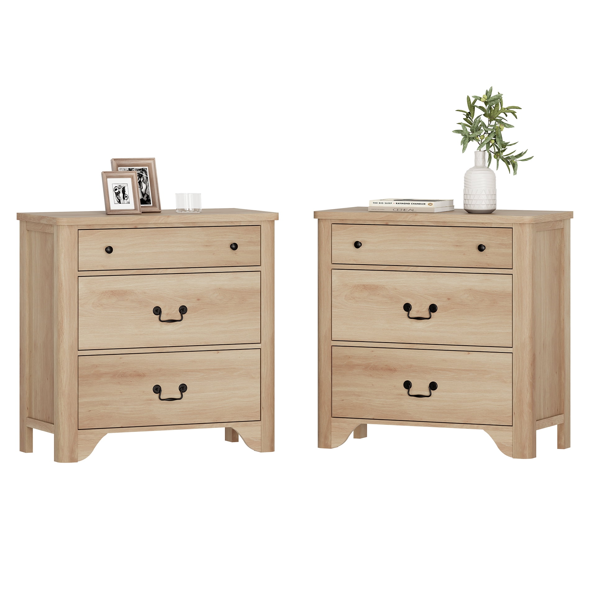 Set Of 2 Nightstand With 3 Drawers, Mid Century Modern Wooden Closet Storage Organizer