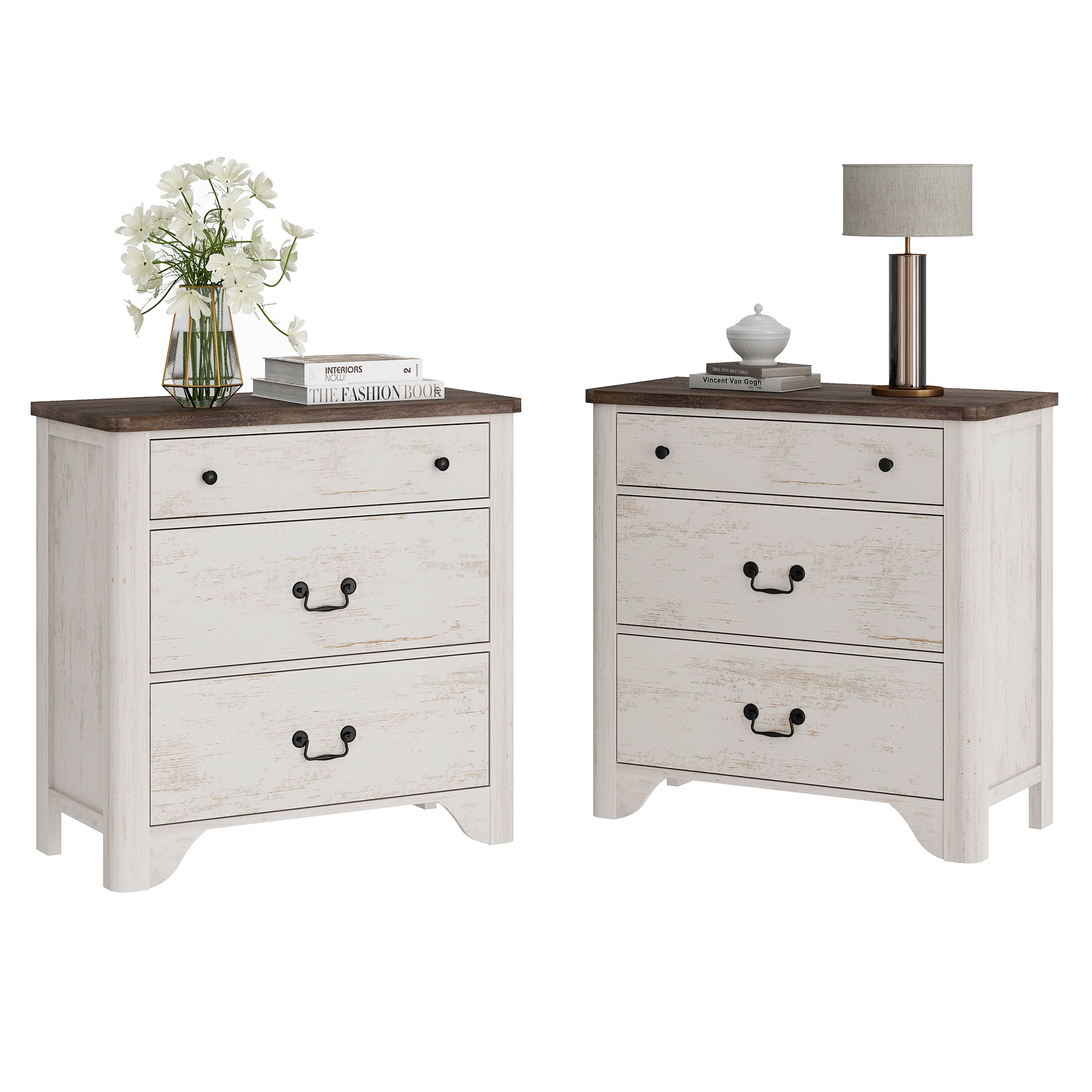 Set Of 2 Nightstand With 3 Drawers, Mid Century Modern Wooden Closet Storage Organizer