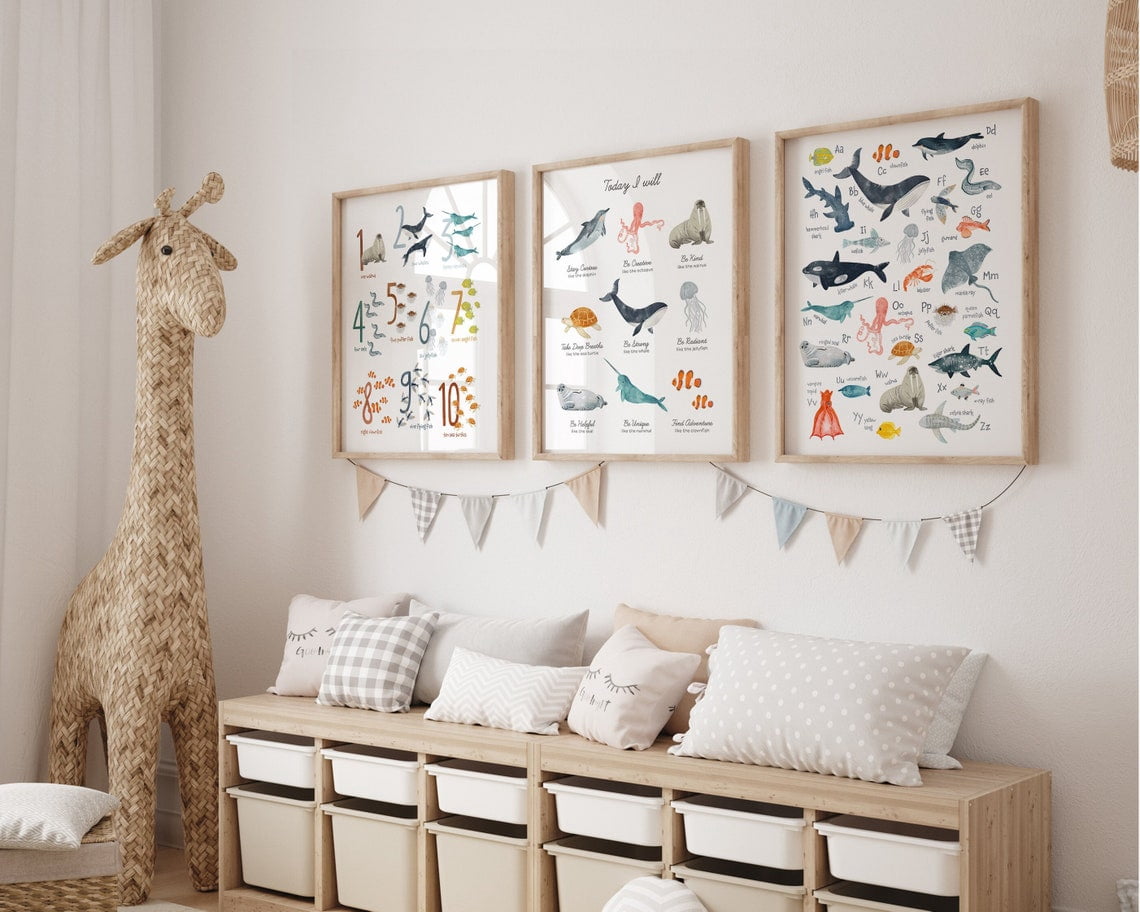 Set Of 2 Ocean Animals Bundle: Alphabet Or 3 Nursery Wall Art Prints ...