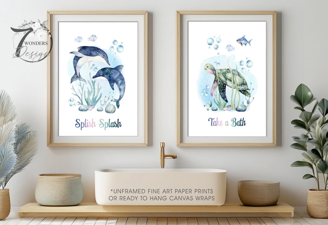 Set Of 2 Ocean Nautical Sea Animals Under The Take A Bath Wall Art ...