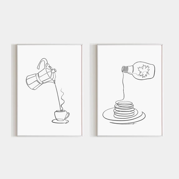 Simple Post Es Set Of 2 Pancake And Coffee Wall Art Prints, Minimalist Moka Pot Line ...