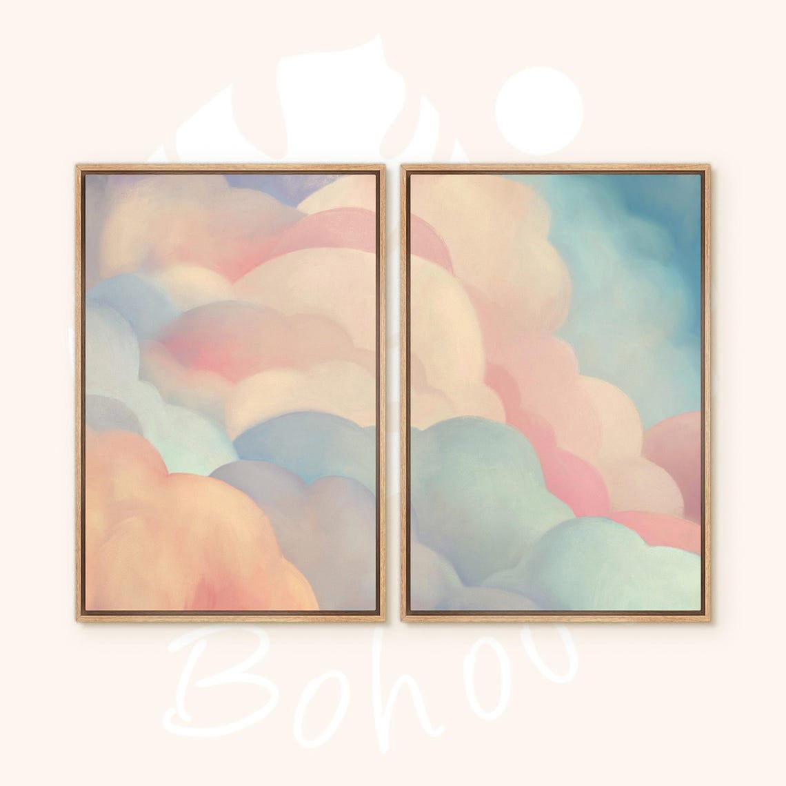 Set Of 2 Pastel Cloud Nursery Wall Art Prints, Dreamy Pink And Blue Sky ...