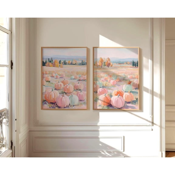 Set Of 2 Pastel Pink Pumpkin Patch Girly Fall Apartment Wall Art Prints, Seasonal Living Room And Home Decor