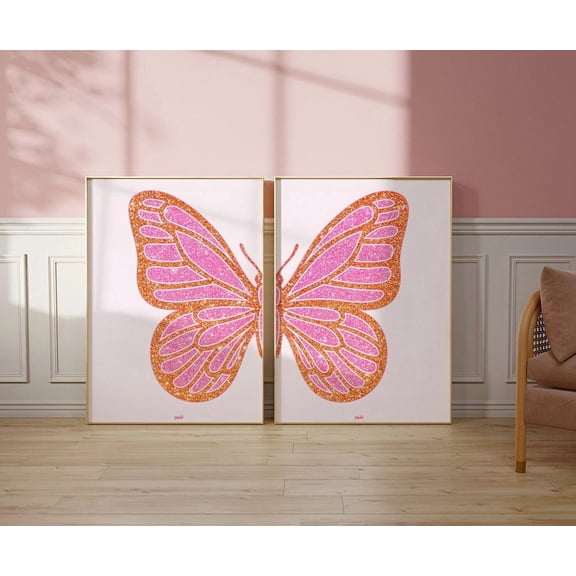 Set Of 2 Pink Orange Butterfly Split Wall Art Prints, Y2K Aesthetic, Retro Hot, Trendy Funky Preppy Cute For Teens, Home And Bedroom Decor