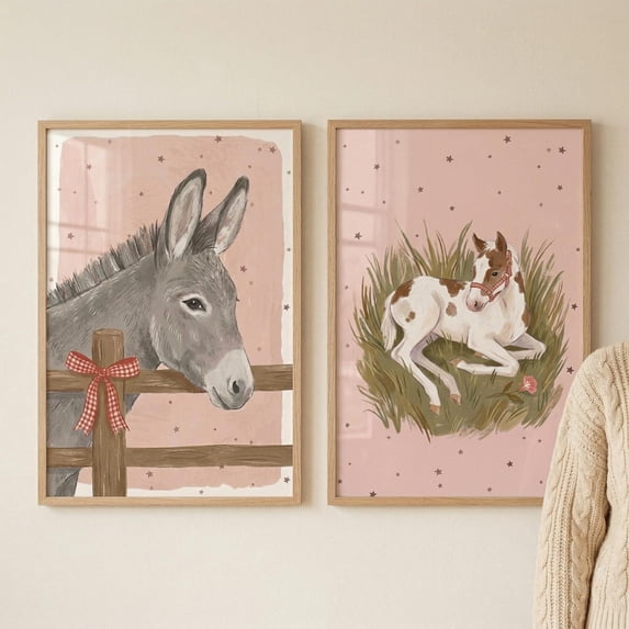 Set Of 2 Pink Starry Farm Animal Nursery Wall Art Prints, Donkey Pony ...
