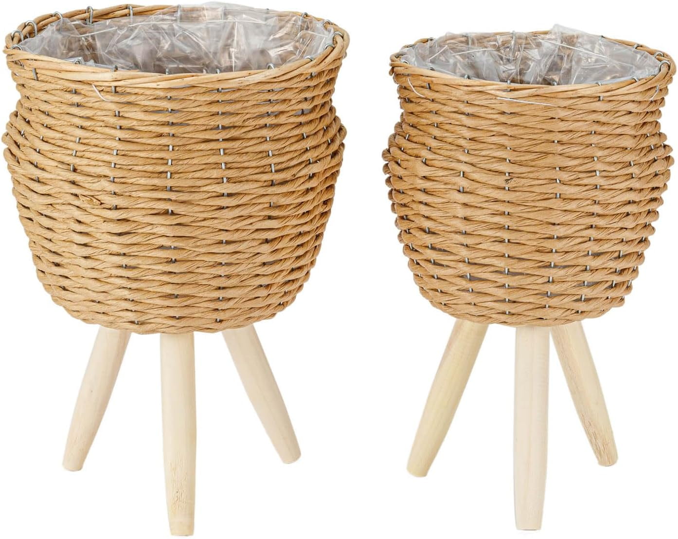 Set Of 2 Planter Baskets With Plastic Lining And Three Wooden Legs, 2