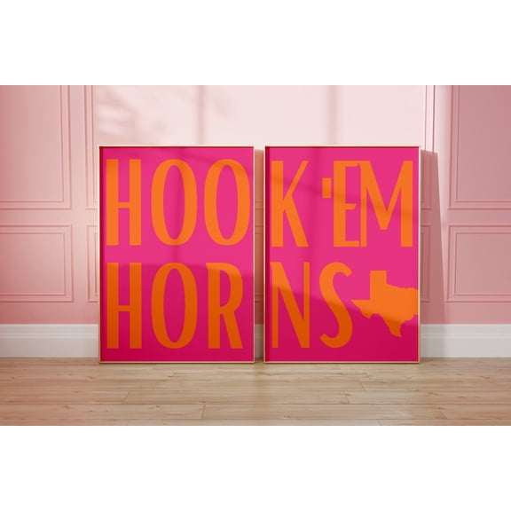 Set Of 2 Preppy Hook Em Austin Texas Pink Orange Longhorns Dorm Ut Wall Art Prints, Living Room And Gallery Wall Decor