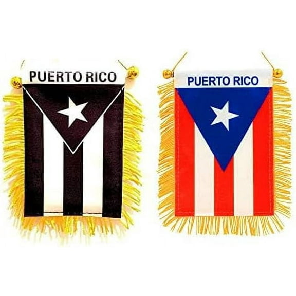 Set Of 2 Puerto Rico Black & Red Window Hanging Flag - Rear view Mirror & Double Sided - Fringed Puerto Rican Mini Banner with Suction Cup