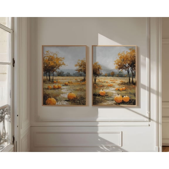 Set Of 2 Pumpkin Patch Rustic Farmhouse Fall Wall Art Prints, Seasonal Living Room And Home Decor