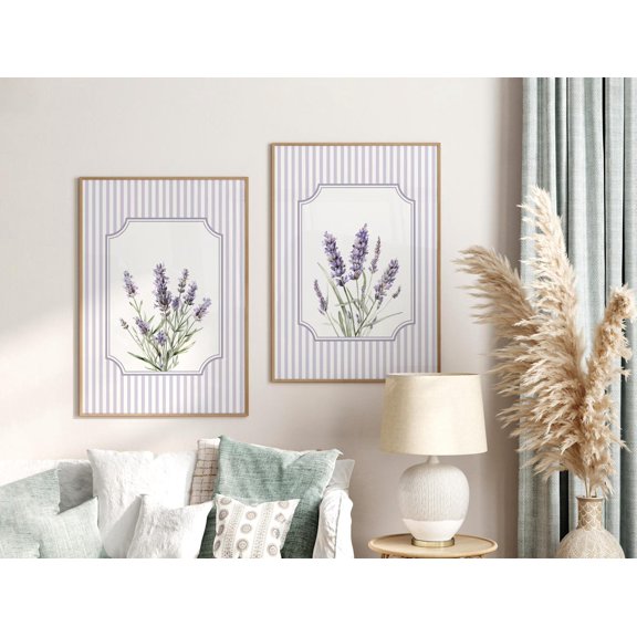Set Of 2 Purple Striped Heather Flower Wall Art Prints, Soft Cottagecore Floral, Hamptons Or Cottage Botanical, Bedroom And Home Decor