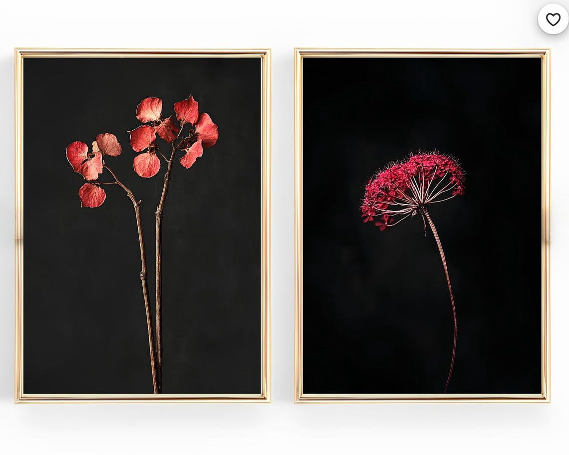 Set Of 2 Red Botanical Floral Wildflower Dark Moody Spring Wall Art ...
