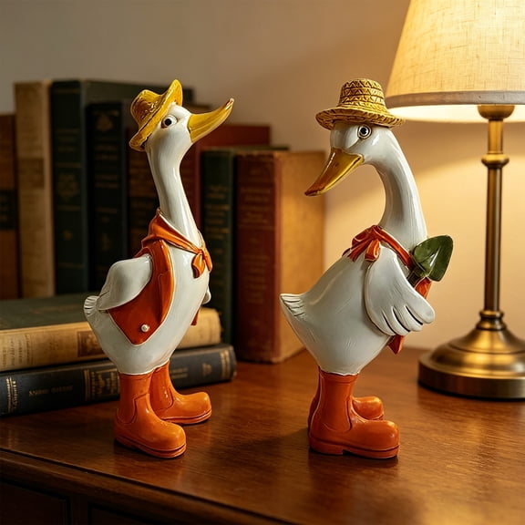 Set Of 2 Resin Garden Duck Statue Weatherproof Hand Painted Figurine for Yard Patio Outdoor Decor