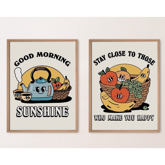 Set Of 2 Retro Food Wall Art Prints, Eclectic Illustrations, Neutral Yellow, Gallery Wall, Kitchen And Dining Room Decor