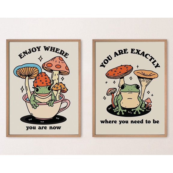 Set Of 2 Retro Frog Wall Art Prints, Quote, Positive Self Care Mushroom Illustration, Neutral Yellow, Inspirational Gallery Wall Decor