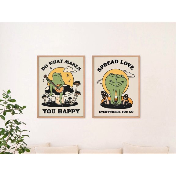 Set Of 2 Retro Frog Wall Art Prints, Quote, Positive Self Care Mushroom Illustration, Neutral Yellow, Inspirational Office And Bedroom Decor