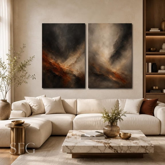 Set Of 2 Rust Black Abstract Diptych Wall Art Prints, Brown Copper Modern, Living Room And Gallery Wall Decor