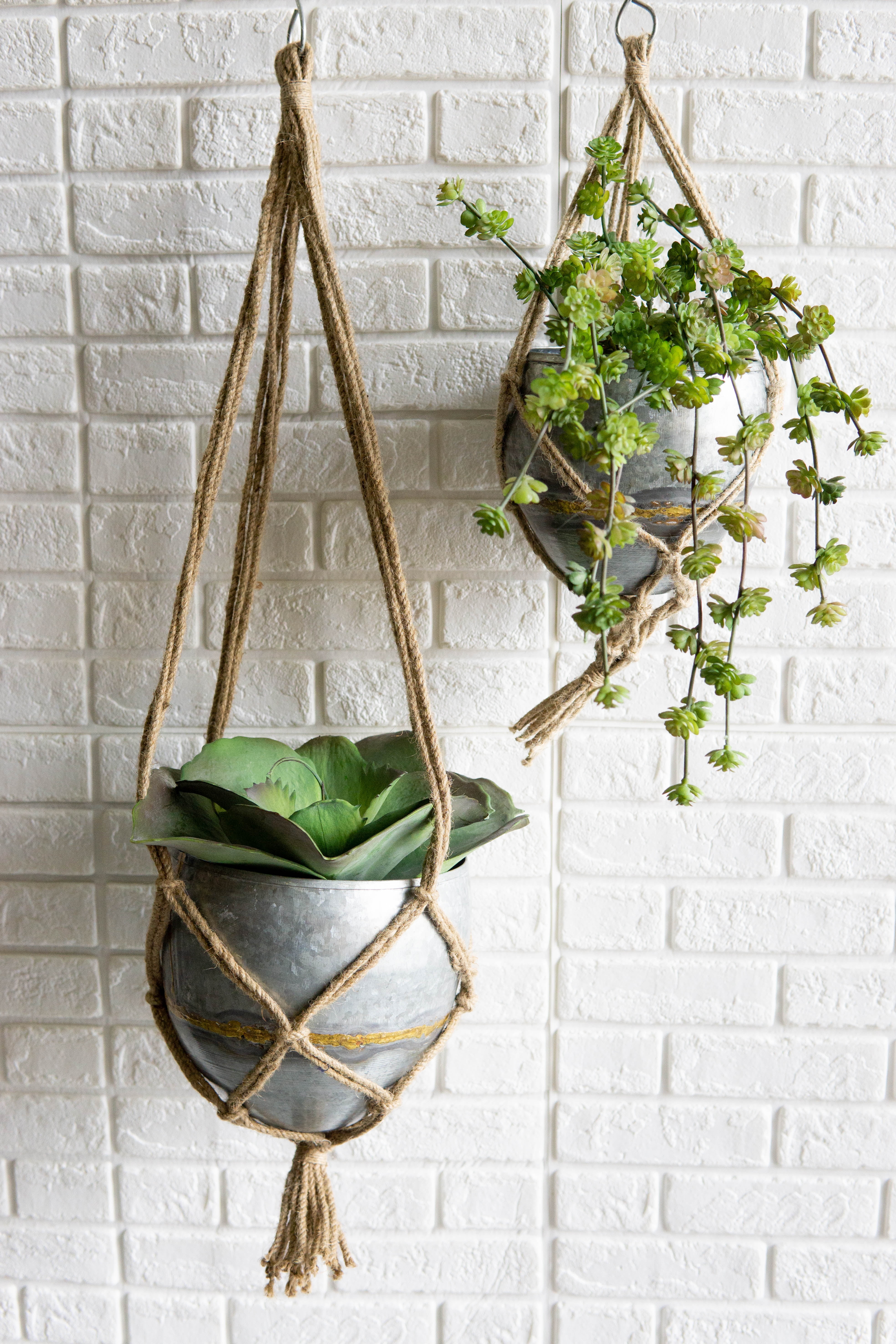 Set Of 2 Rustic Urban Farmhouse Roped Galvanized Metal Wall Hanging Pot Planters