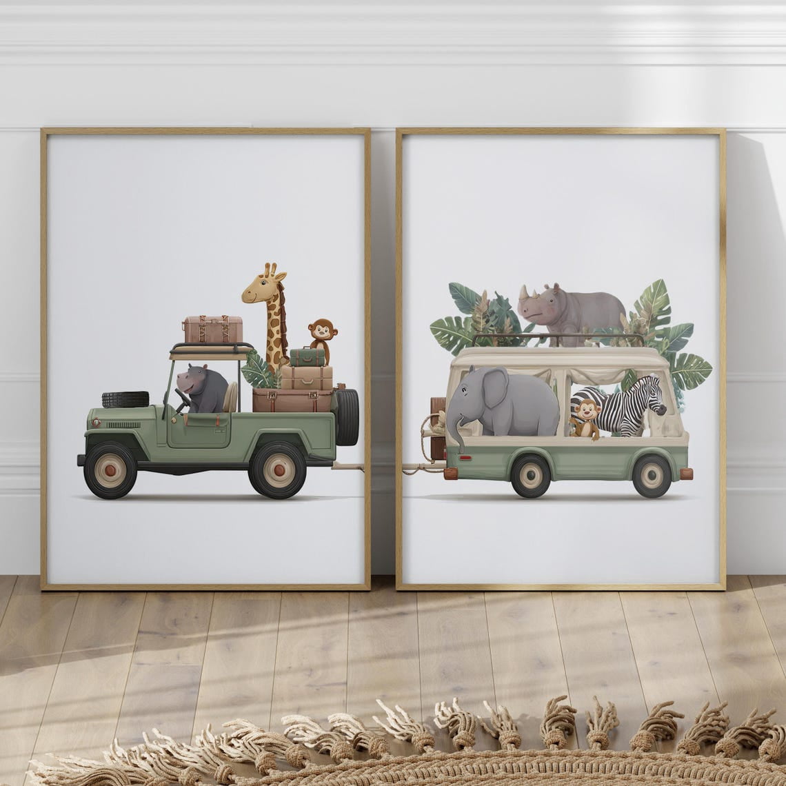 Set Of 2 Safari Animals Green Truck Adventure Nursery Wall Art Prints ...