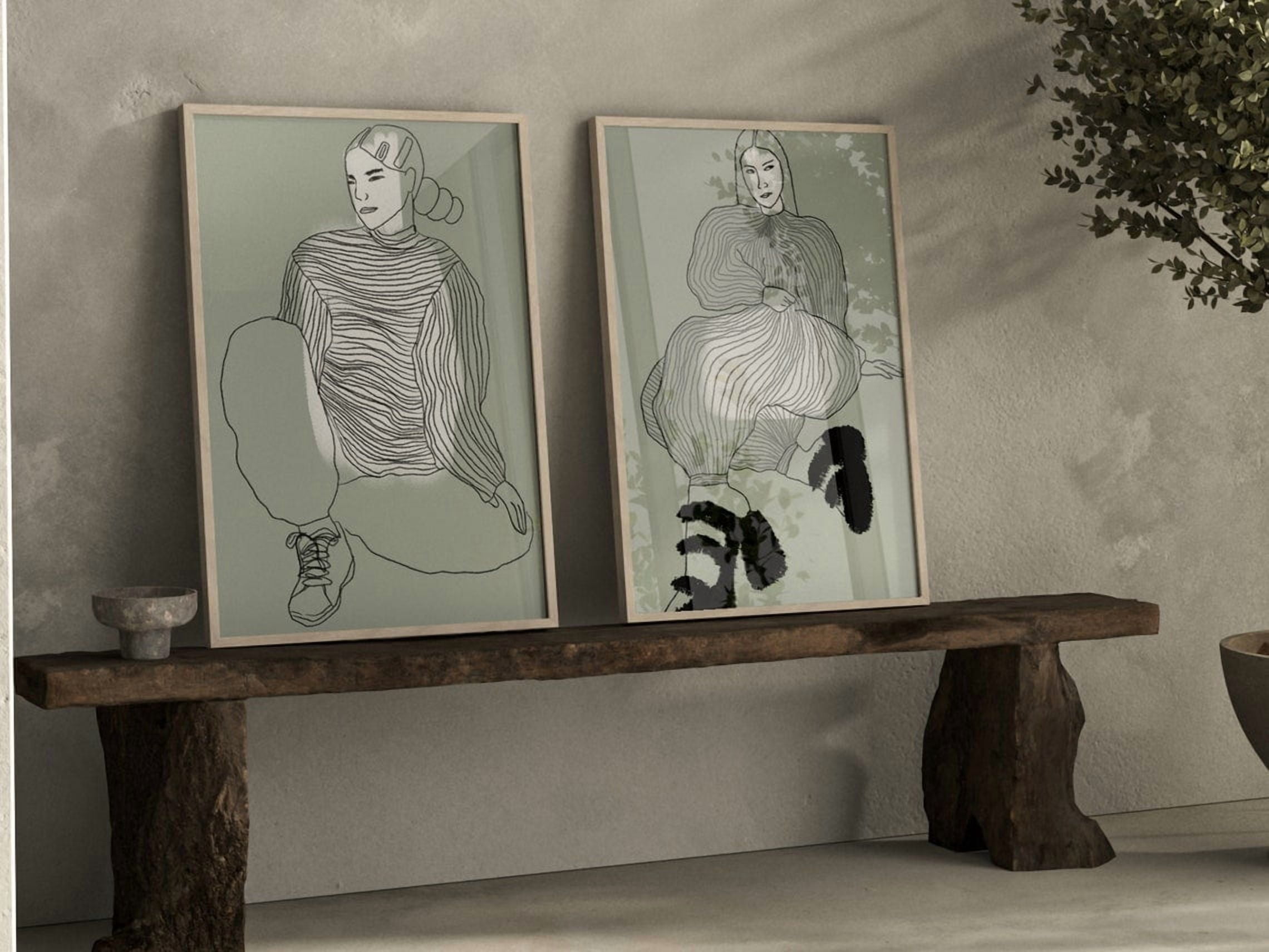 Set Of 2 Sage Green Lagom Wall Art Prints, Female Line, Minimalist ...