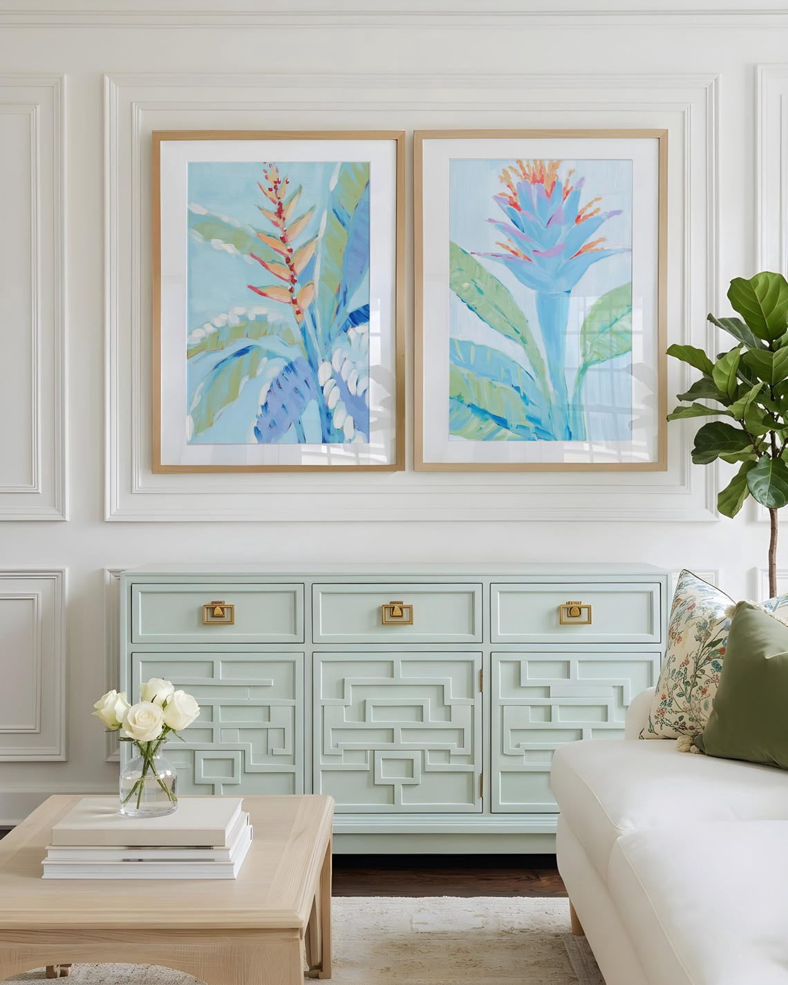Set Of 2 Sage Green Vintage Coastal Botanical Wall Art Prints ...