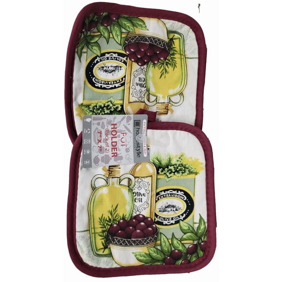 Set Of 2 Same Printed Kitchen Pot Holders (7"X7") Olive Oil Bottles & Olives, Hs
