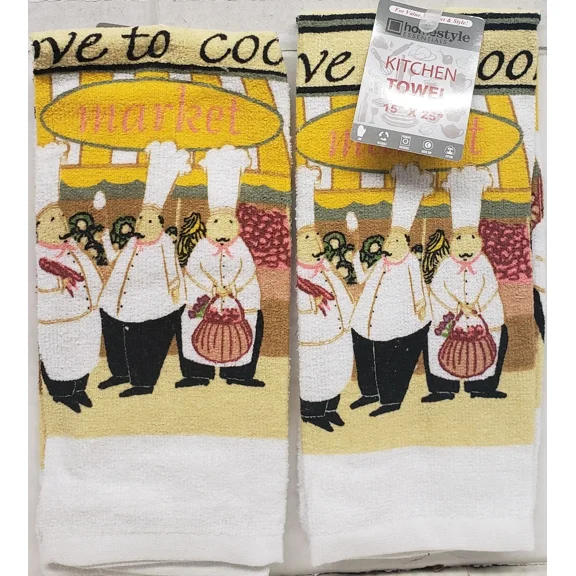 Set Of 2 Same Printed Kitchen Terry Towels (15"X25") 3 Fat Chefs,Love To Cook,Hs