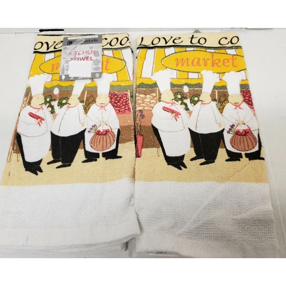 Set Of 2 Same Printed Kitchen Towels (15" X 25") 3 Fat Chefs, Love To Cook, Hs