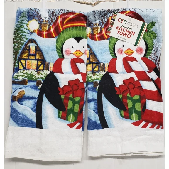 Set Of 2 Same Printed Kitchen Towels(15"X25") Winter Penguin & Christmas Gift,Am