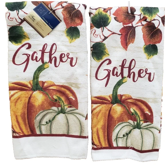 Set Of 2 Same Printed Microfiber Kitchen Towels (15"X25") 2 Pumpkins, Gather, Gr